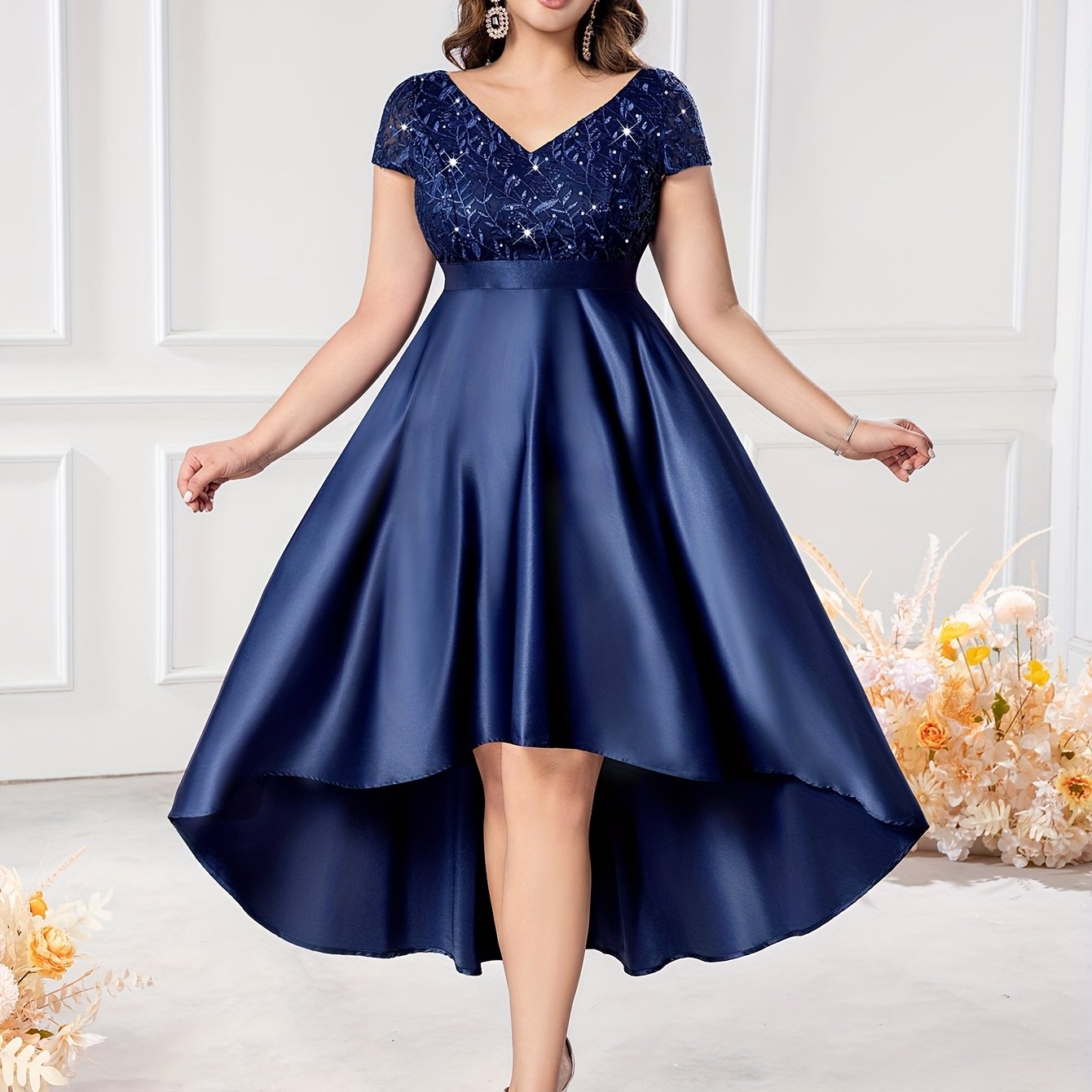 Vestido de talla grande con escote en V, encaje, sin mangas, midi, para fiesta, con purpurina