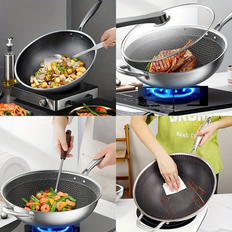 Sartén wok de acero inoxidable con tapa de vidrio, antiadherente, apta para inducción, gas, adecuada para huevos de pescado, filetes
