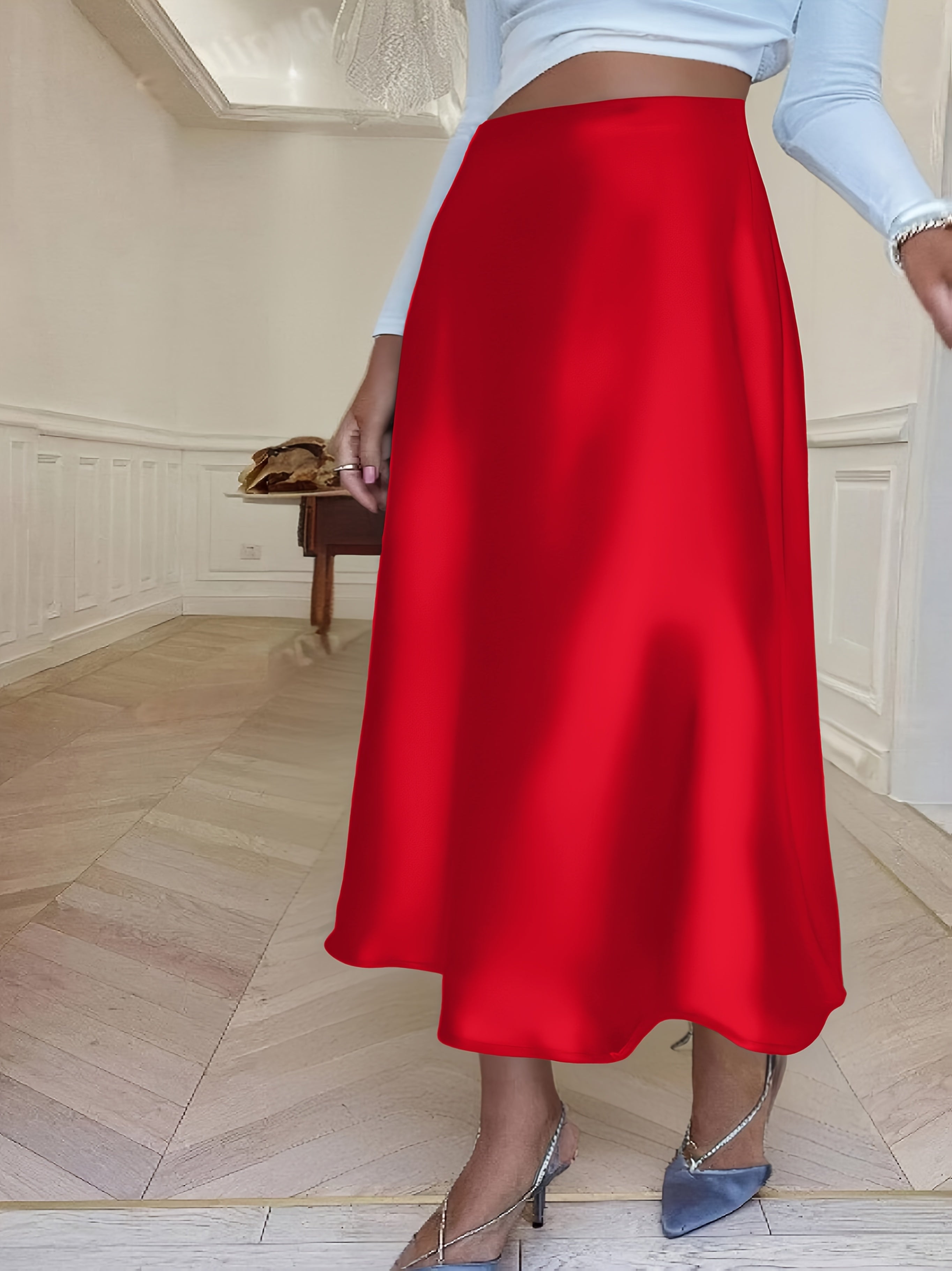 Women Satin Maxi Skirt High-Waisted Black Flowing All-Season