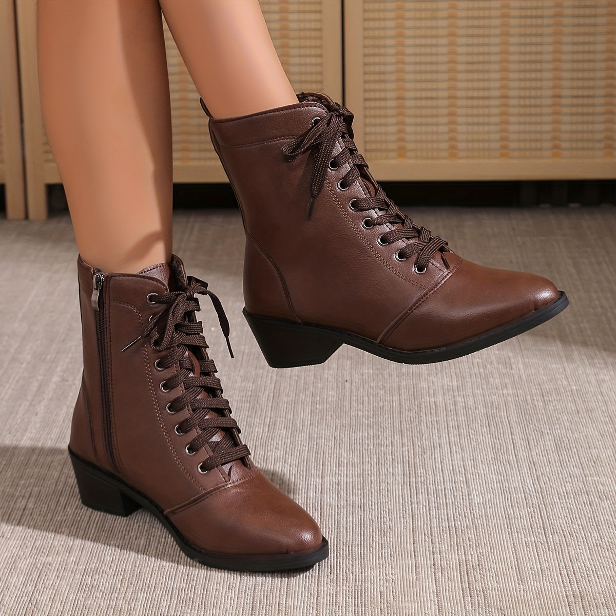 Women's Velvet Lined Mid-Heel Combat Boots with Side Zip and Chunky Heel