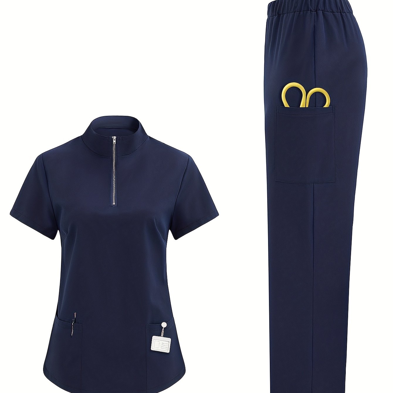 Tibbiyot mutaxassislari uchun mustahkam rangli polyester skrablar bilan ayollarning nafas oladigan sog'liqni saqlash formasi, yuqori bo'yin, cho'ntaklar bilan va barcha fasllar uchun mos.