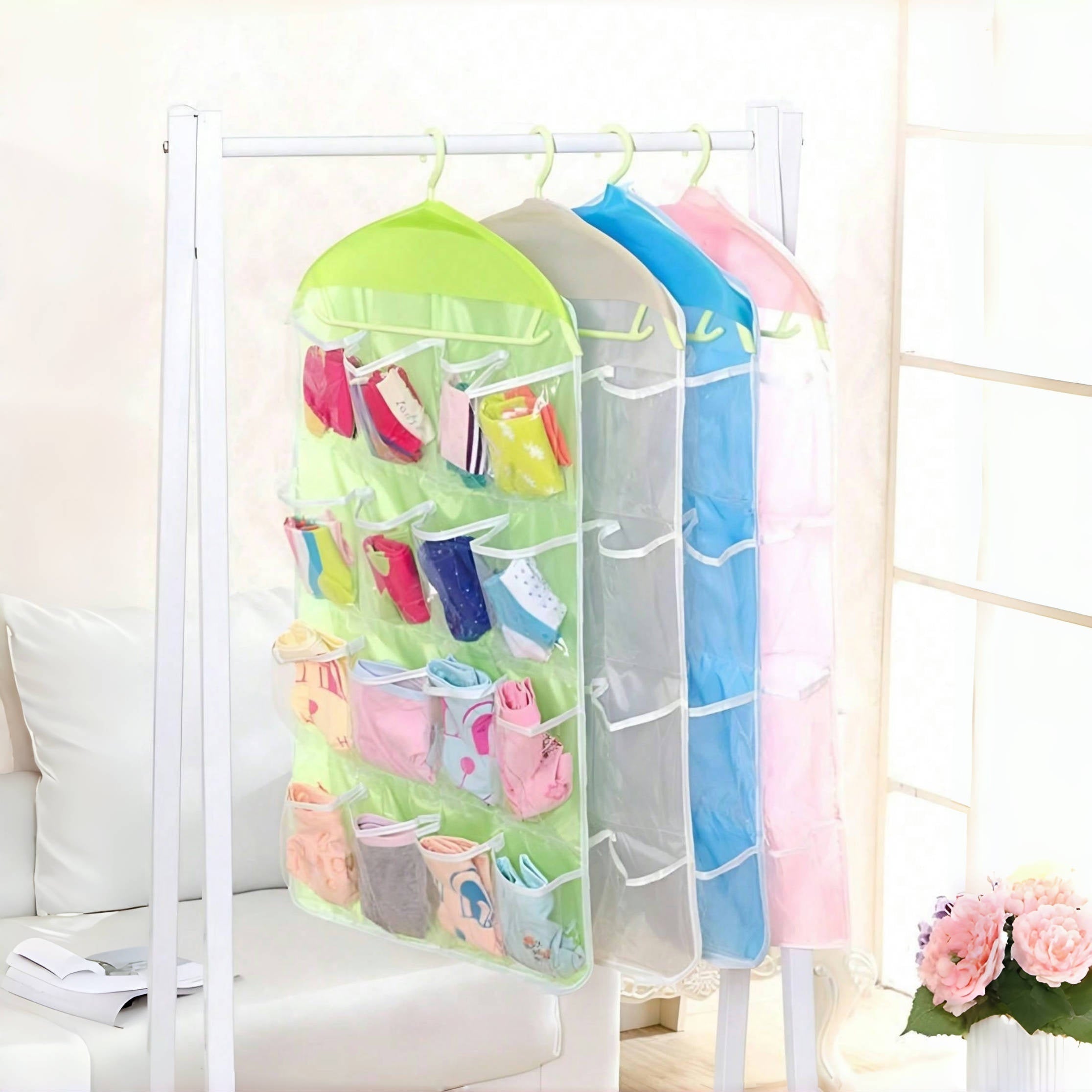 Vibrant 16-Pocket Hanging Organizer for Socks Underwear and Small Items Polyester Mesh