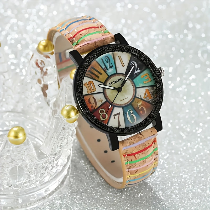 Women's Wooden Watch with Faux Leather Band Quartz Movement Gift Idea