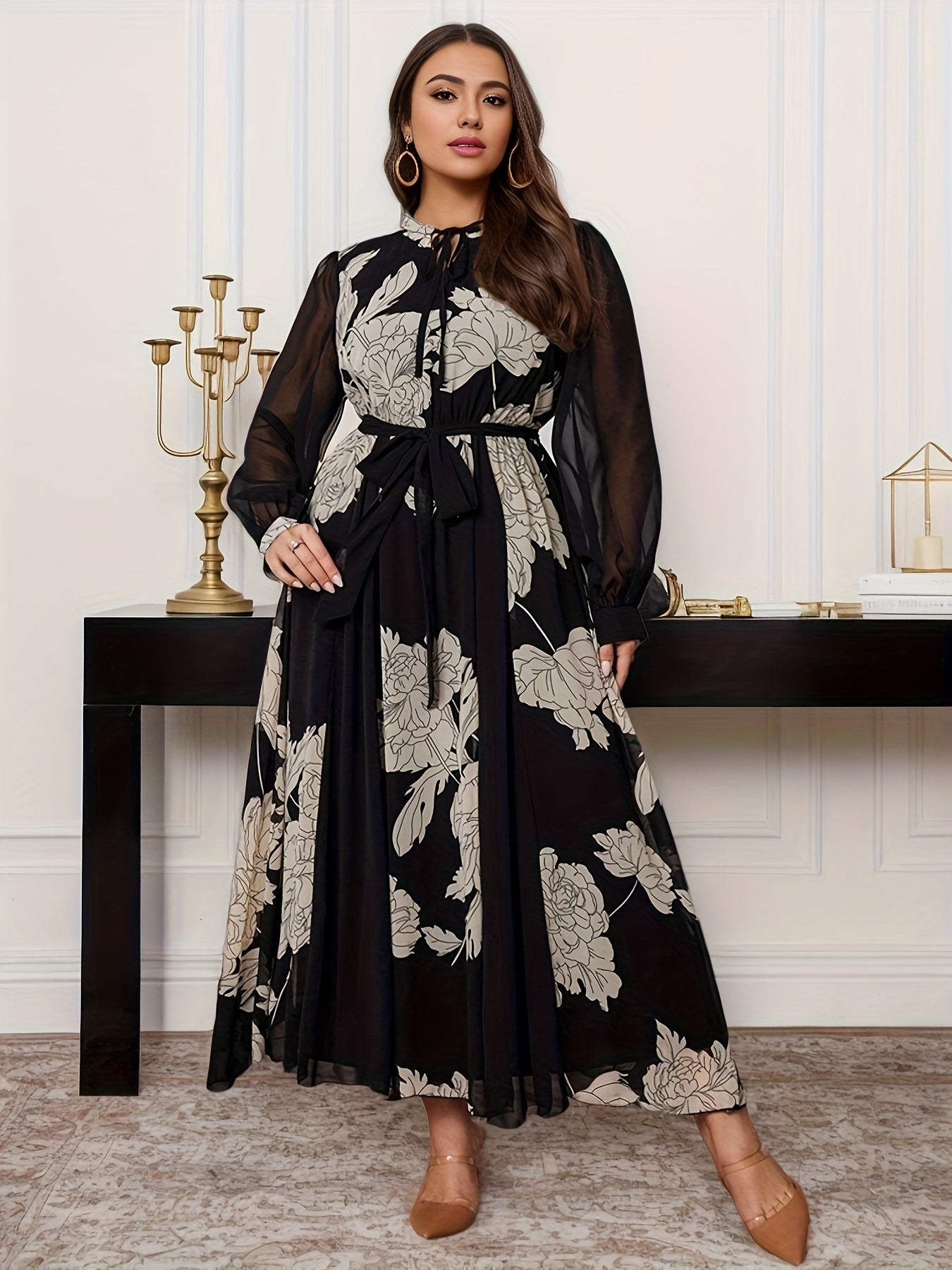Plus Size Floral Chiffon Dress with Lantern Sleeves A-Line Midi for Spring Fall