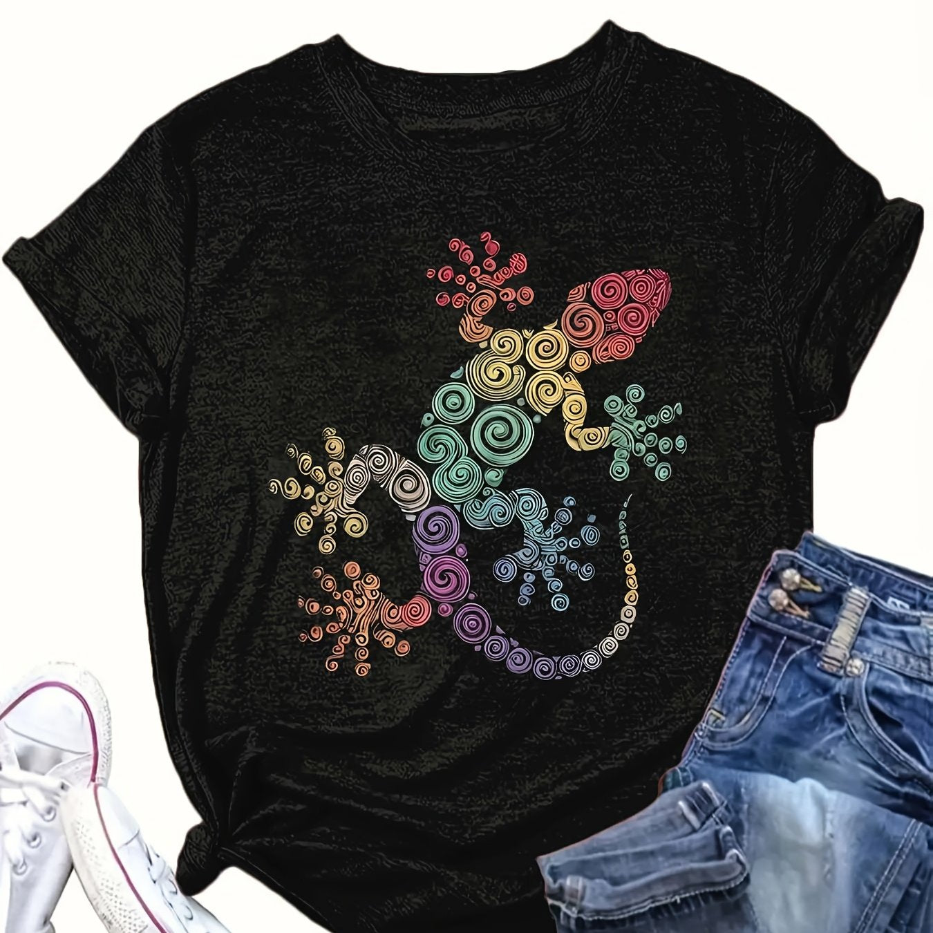 Plus Size Colorful Spiral Gecko Print T-Shirt Casual Breathable Summer Autumn