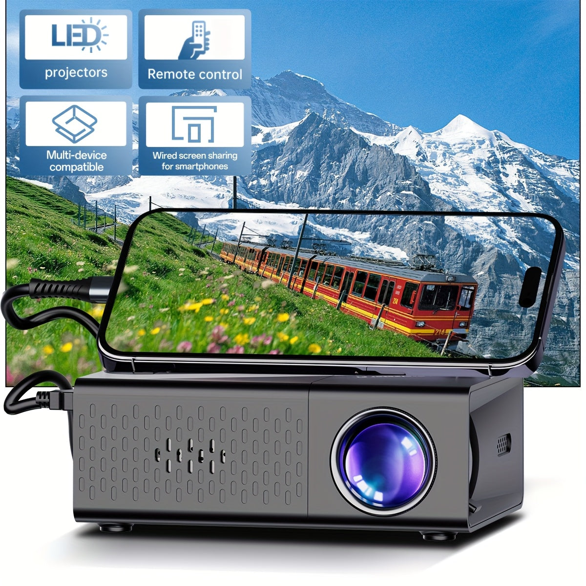 Portable Home Theater Projector with Remote Control for Movies and Gaming