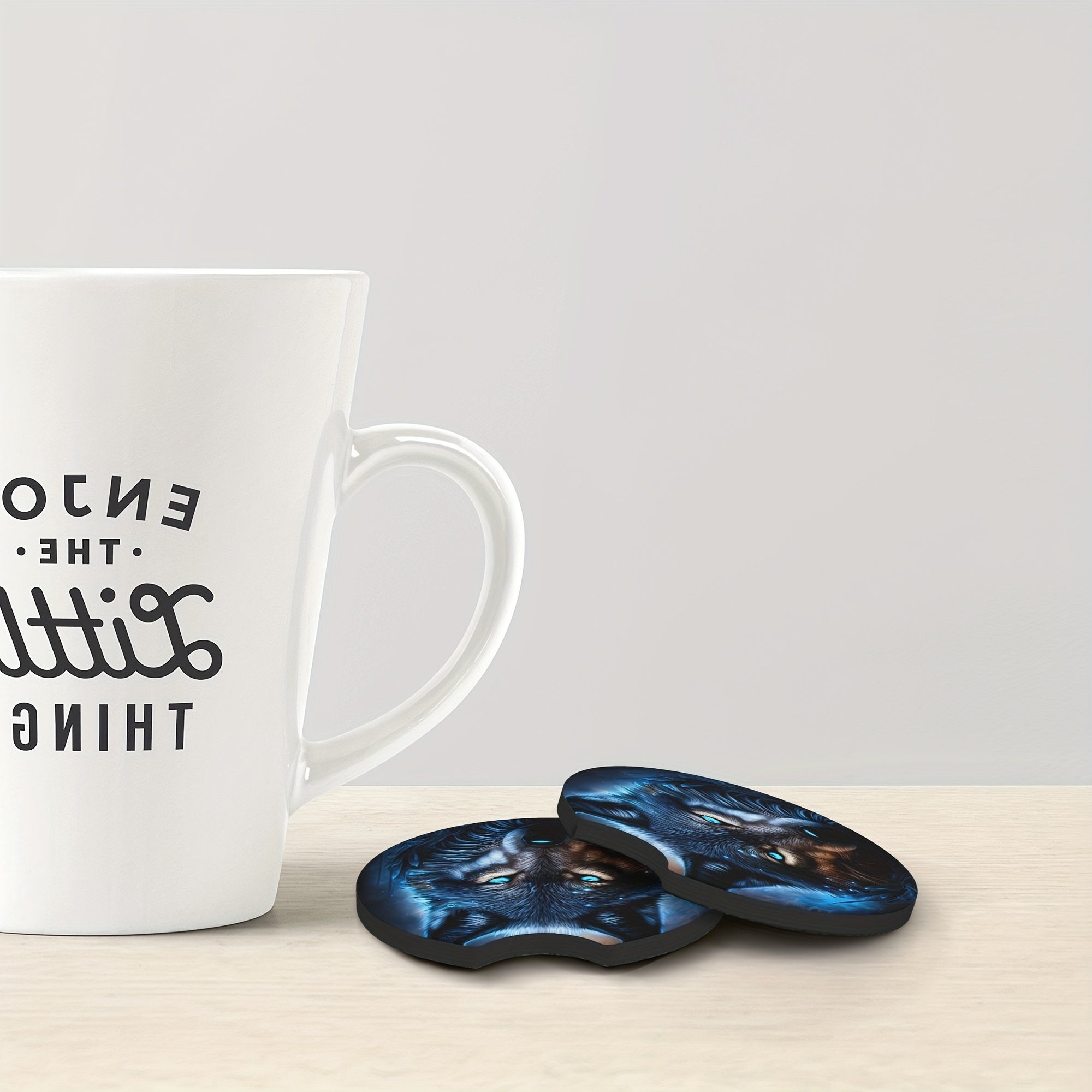 2pcs Blue Flame Wolf Pattern Absorbent Car Cup Holder Coasters Non-slip Rubber