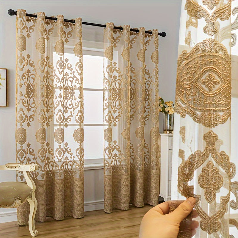 Set of 2 Golden Jacquard Curtains Grommet Top for Living Room Bedroom Office