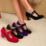 Women's Velvet Mary Jane Pumps with Ankle Strap and Round Toe