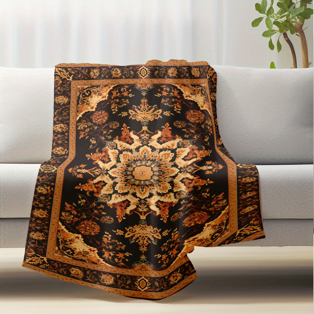 Vintage Oriental Pattern Flannel Plush Comfort Blanket Lightweight Warm for Sofa Bed Travel
