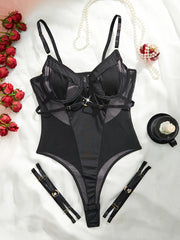 Women's Mesh Teddy Bodysuit with Leg Rings V Neck Backless Lingerie