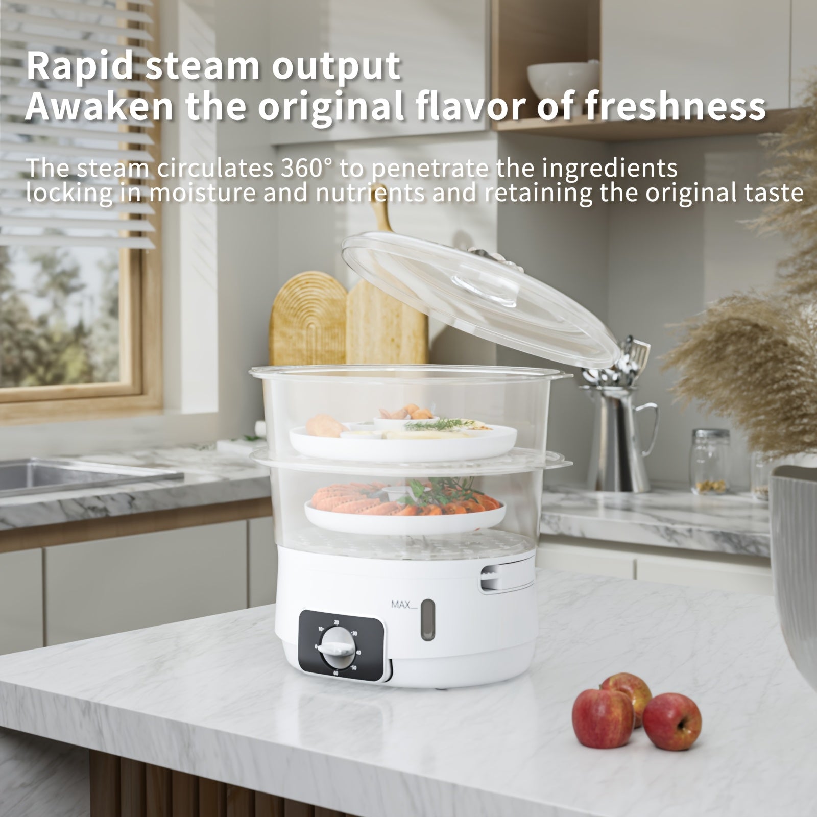 Vaporera eléctrica de 3 niveles 800W libre de BPA, apta para lavavajillas, temporizador de 60 minutos
