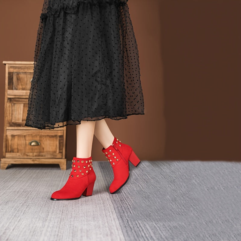 Women Ankle Boots Flannel Solid Color Chunky Block Heel Winter Shoes