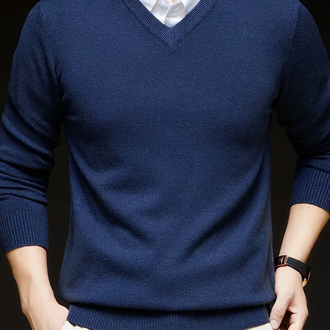 Men's Solid Color V-Neck Knit Sweater Long Sleeve Casual Pullover