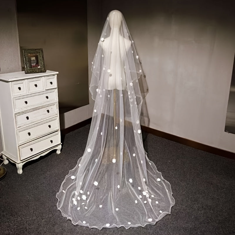 Elegant Bridal Veil with Heart-Shaped Flower Accents Long Tulle Wedding Veil with Yarn Fringe and Starry Sky Design
