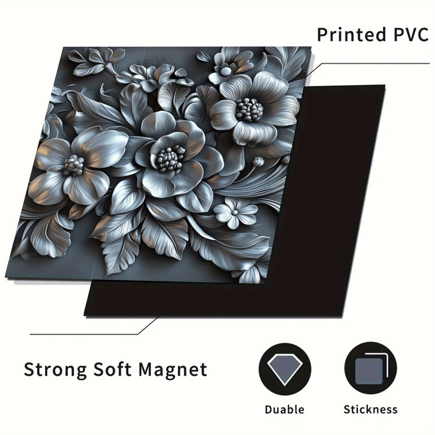 3D Relief Silvery Flower Dishwasher Magnetic Cover Waterproof Heat-Resistant Metal Panel Sticker 58.5x65 cm