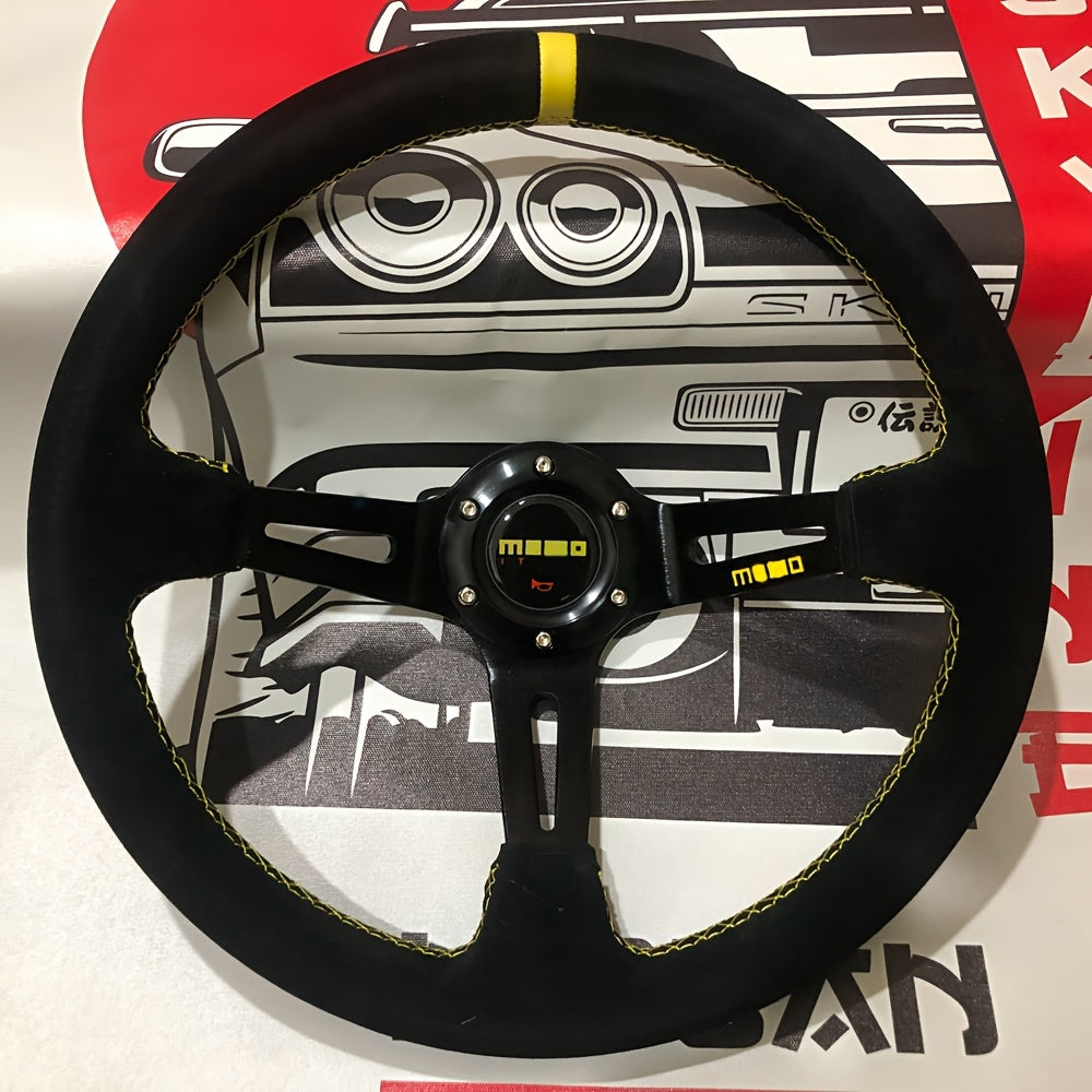 Universal Leather Racing Steering Wheel 14 Inch Deep Dish Yellow Stripe