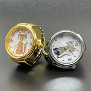 Small Cat Design Round Quartz Watch for Women Gold Silver Finger Ring Style