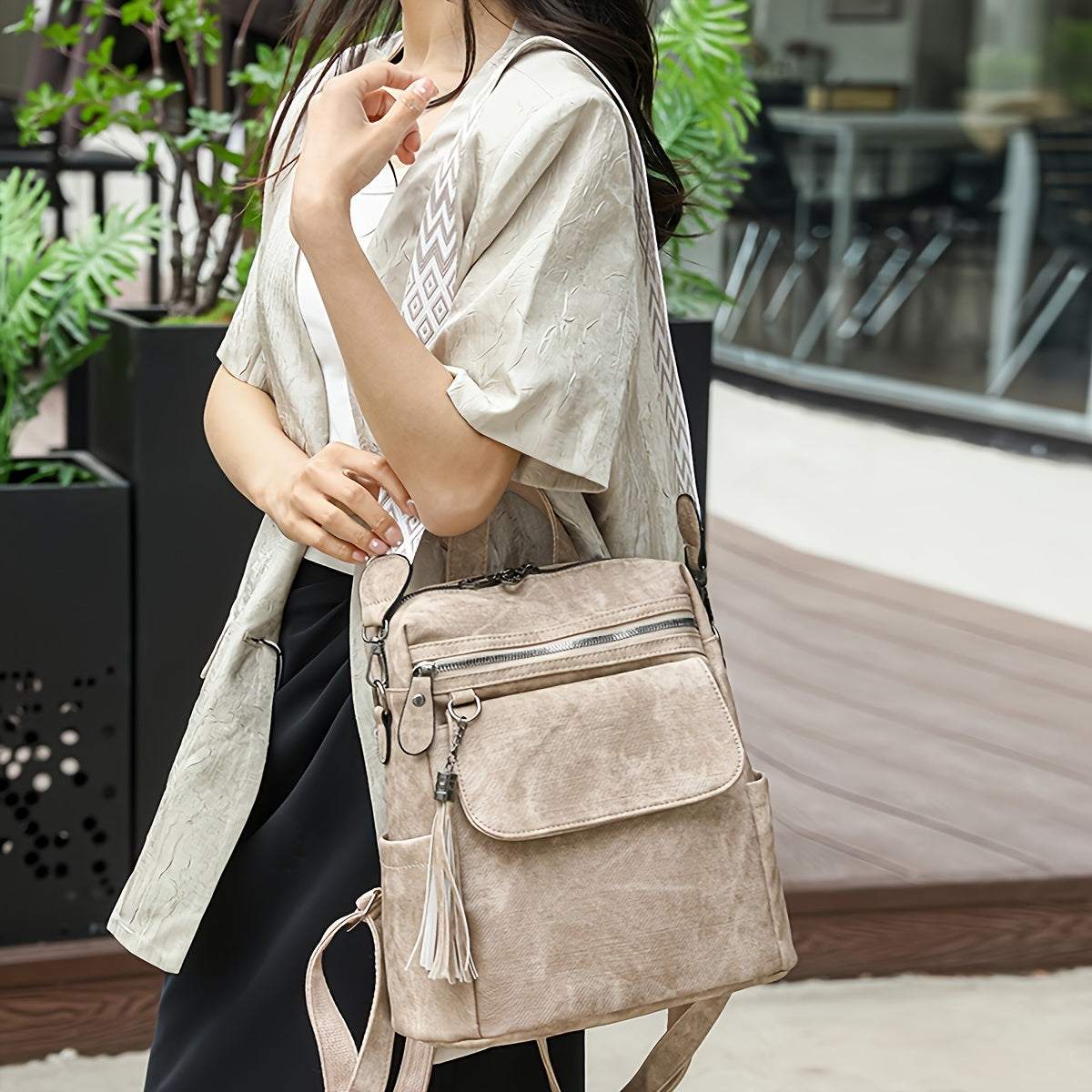 Women's PU Double Shoulder Bag for Autumn Winter Casual Crossbody Backpack with Tassels