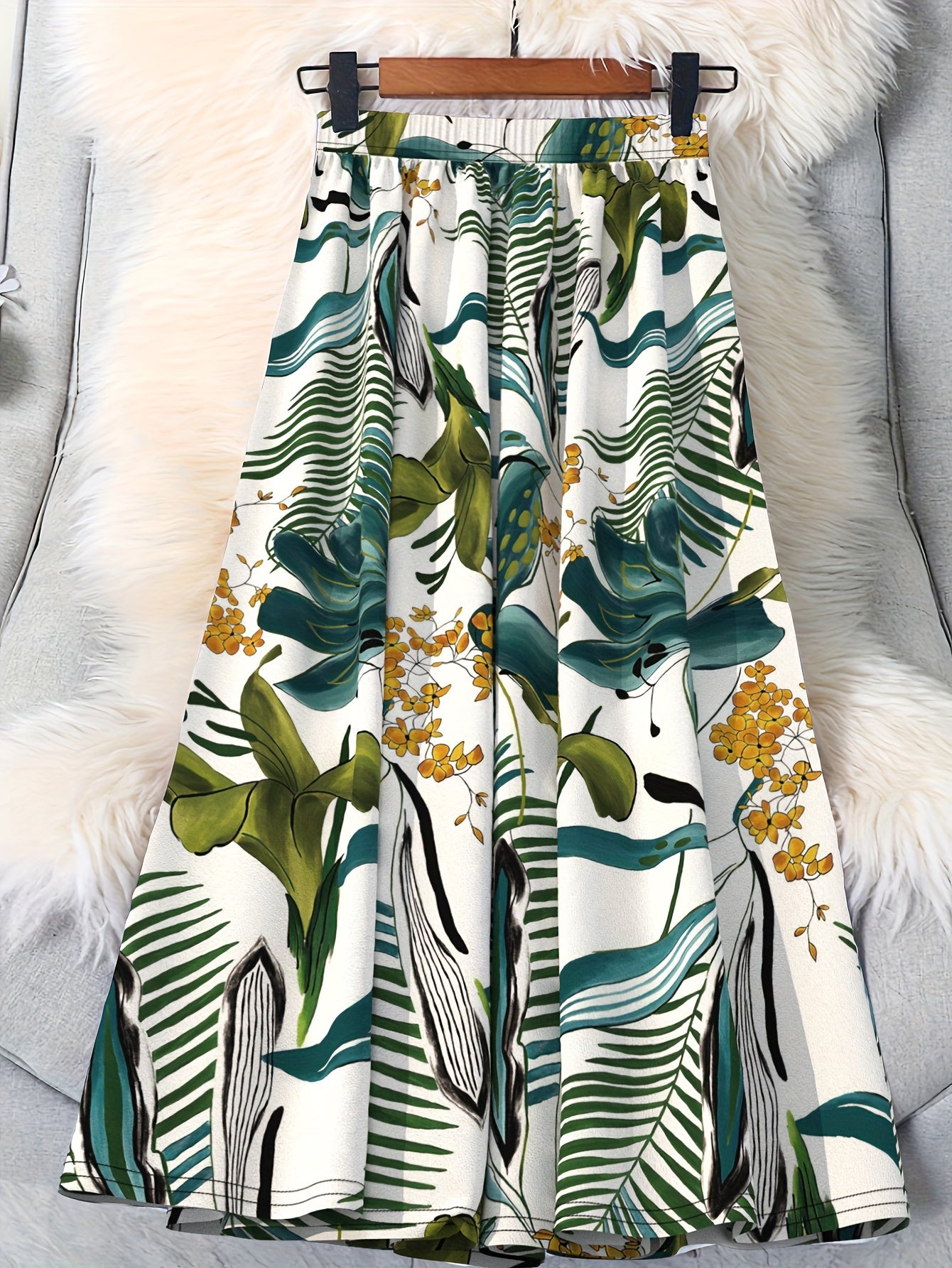 Women's Tropical Print Summer Skirt Lightweight Polyester Elastic Waist Flowy A-Line