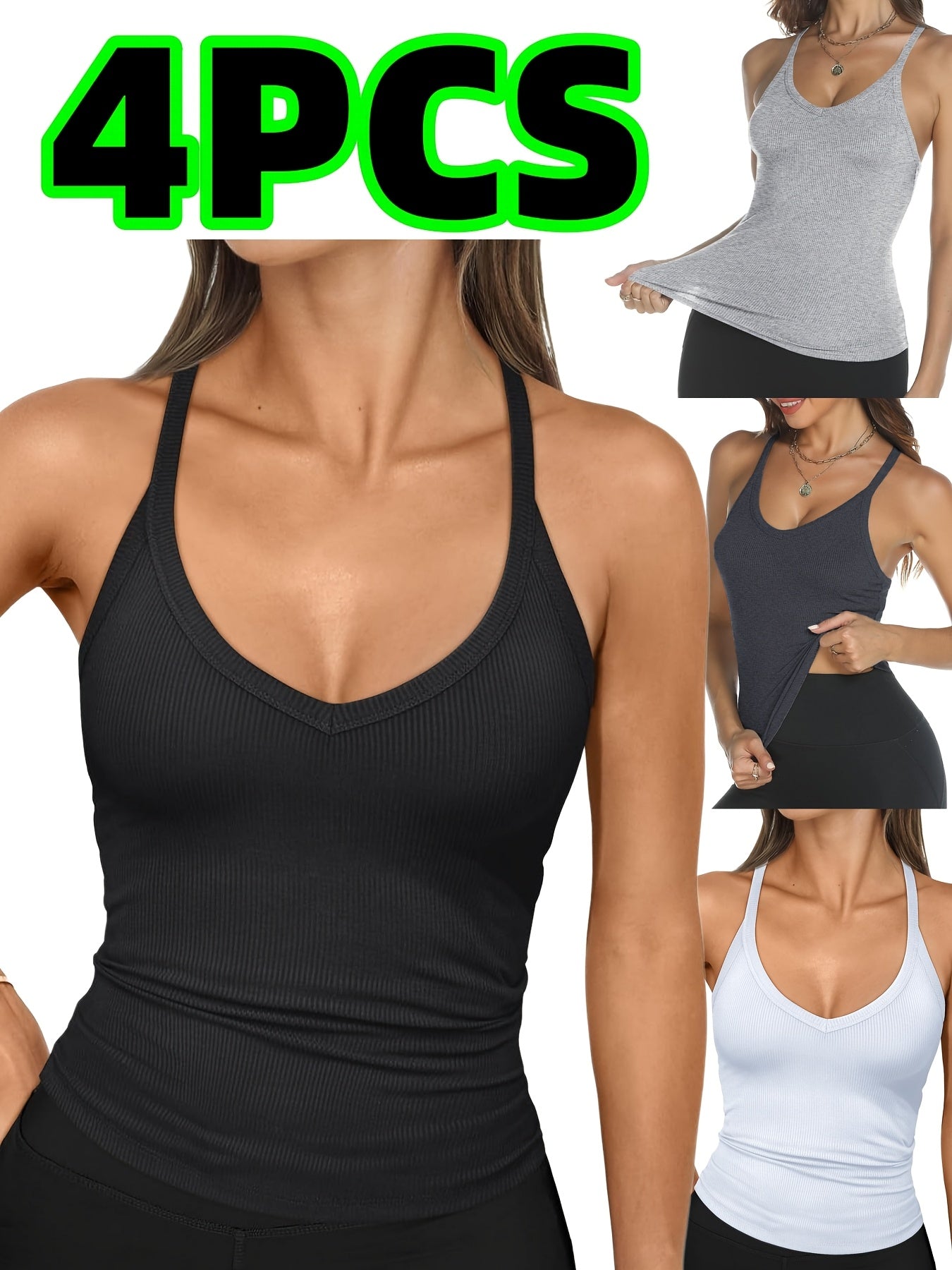 4-Pack Women's V-Neck Camisole Tops Polyester Stretch Knit Sleeveless Slim Fit