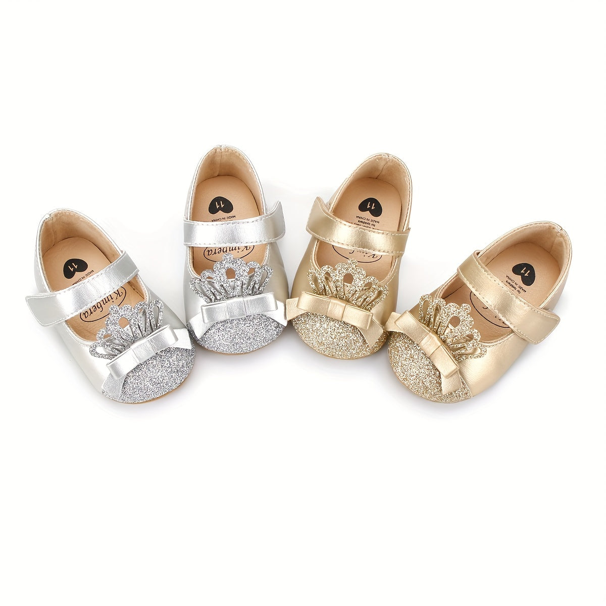 Baby Girl Sequin Crown Shoes with Flexible Rubber Sole and Hook-and-Loop Closure