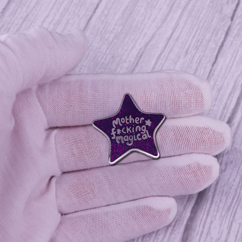 Purple Glitter Pentagram Letter Brooch for Coats and Bags Unisex Jewelry