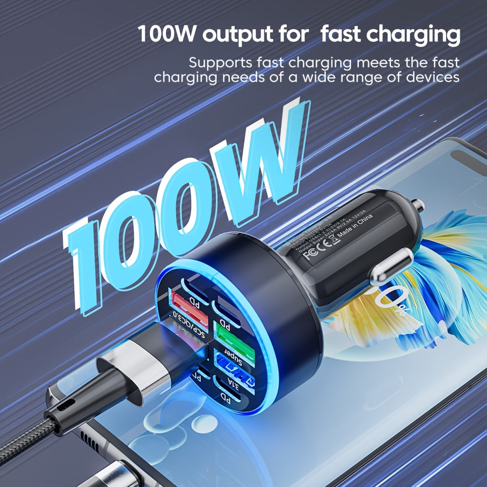 Avtomobil USB Zaryadkasi 100W 8-port tez zaryadlash PD bilan Type C USB-A sayohat uchun
