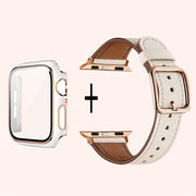 Sun Buckle Two-Color Rose Shell Protective Case for Smartwatch 2-in-1 Synthetic Leather Strap Tempered Glass Frame Compatible with iWatch Ultra Series