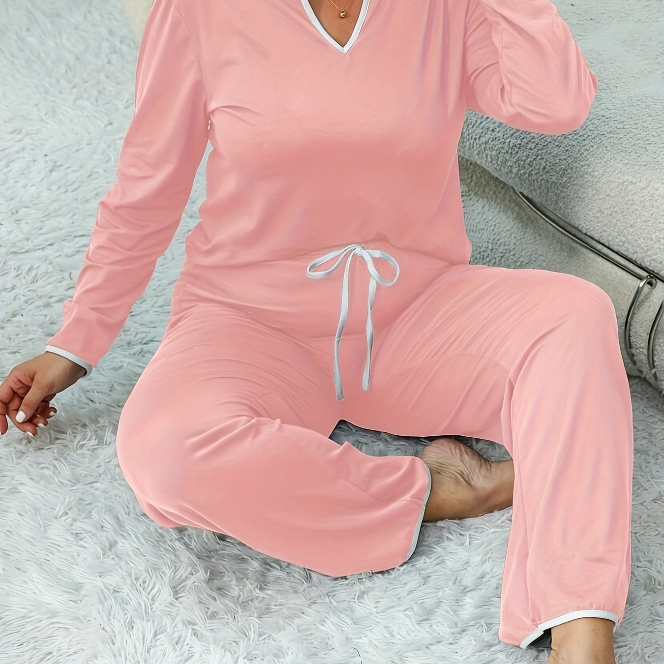 Plus Size Lounge Set Women Notched Neck Long Sleeve Tee & Lace Up Pants