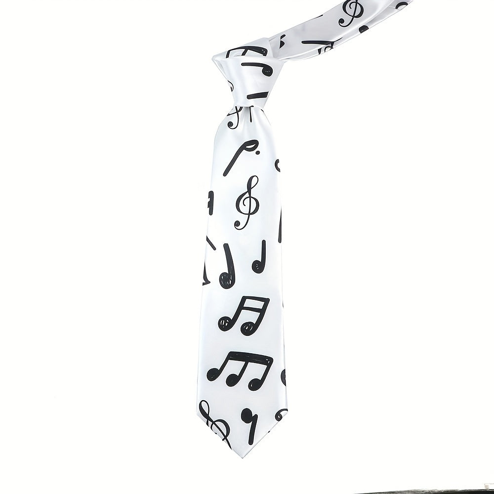 Silk-Like Printed Tie with Airplanes Planets Symbols Musical Notes Footballs for School Work Party