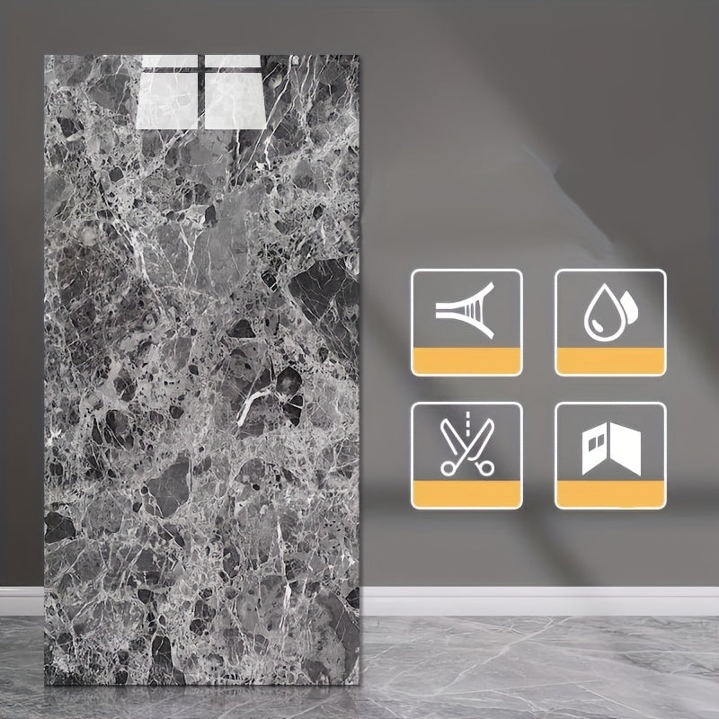 32 pieces of 3D marble pattern self-adhesive wall tiles, waterproof PVC, glossy finish, contemporary style, easy to apply and washable. Can be used for kitchen, living room, and bathroom