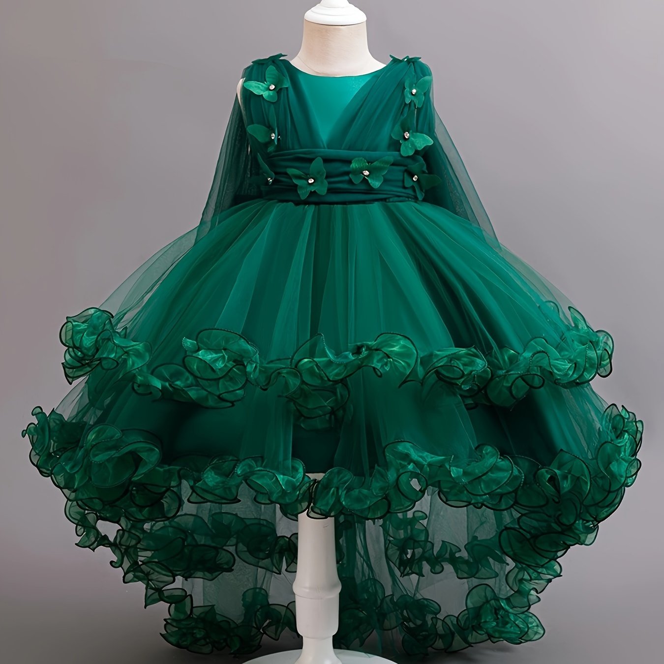 Girls Sleeveless Tulle Evening Dress with Train for Parties and Performances