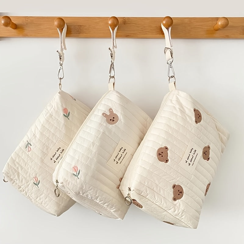 Embroidered Diaper Clutch Bag for Strollers Quilted Polyester Floral Design