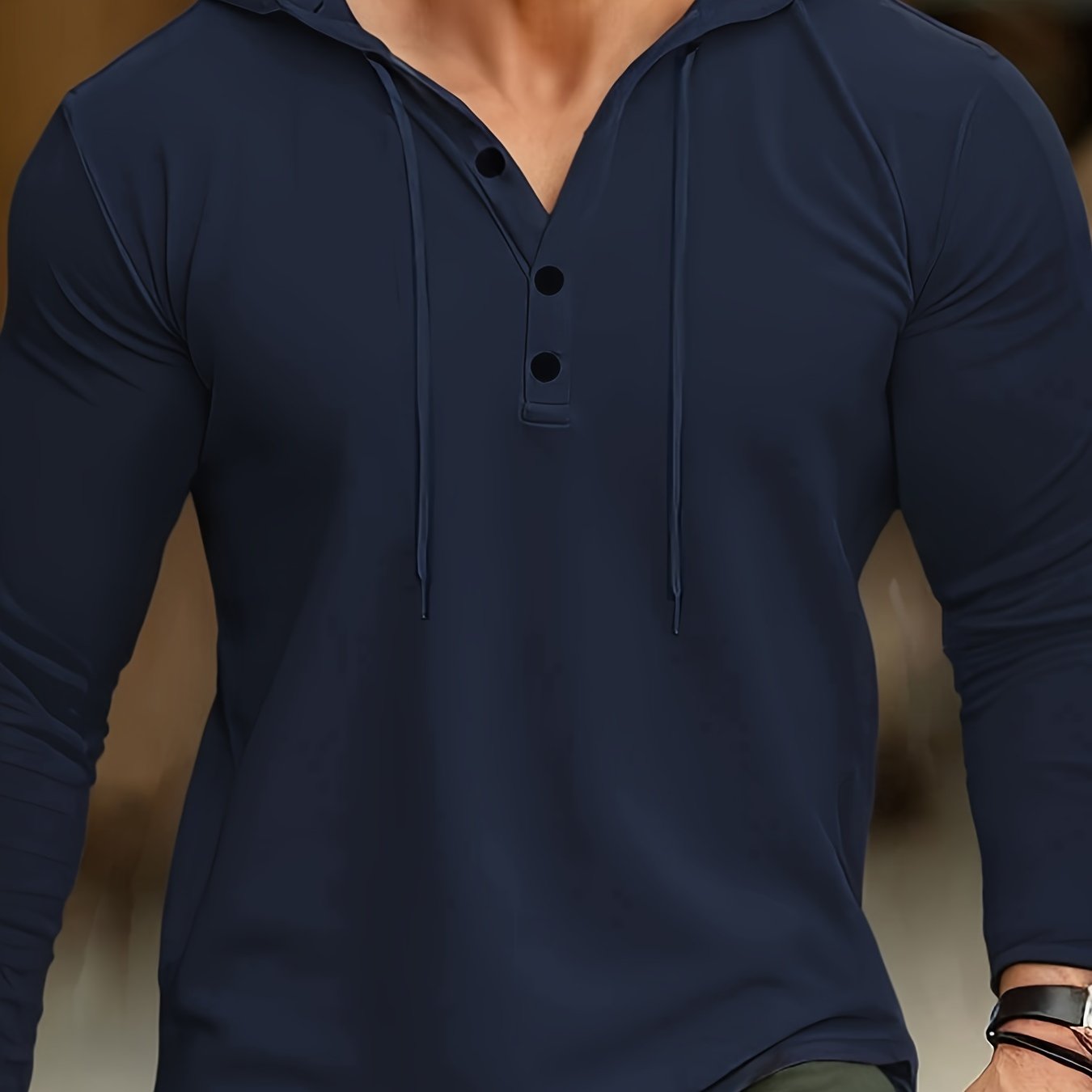 Plus Size Men's Olive Green Hooded Henley Shirt Casual Sporty Cotton Blend