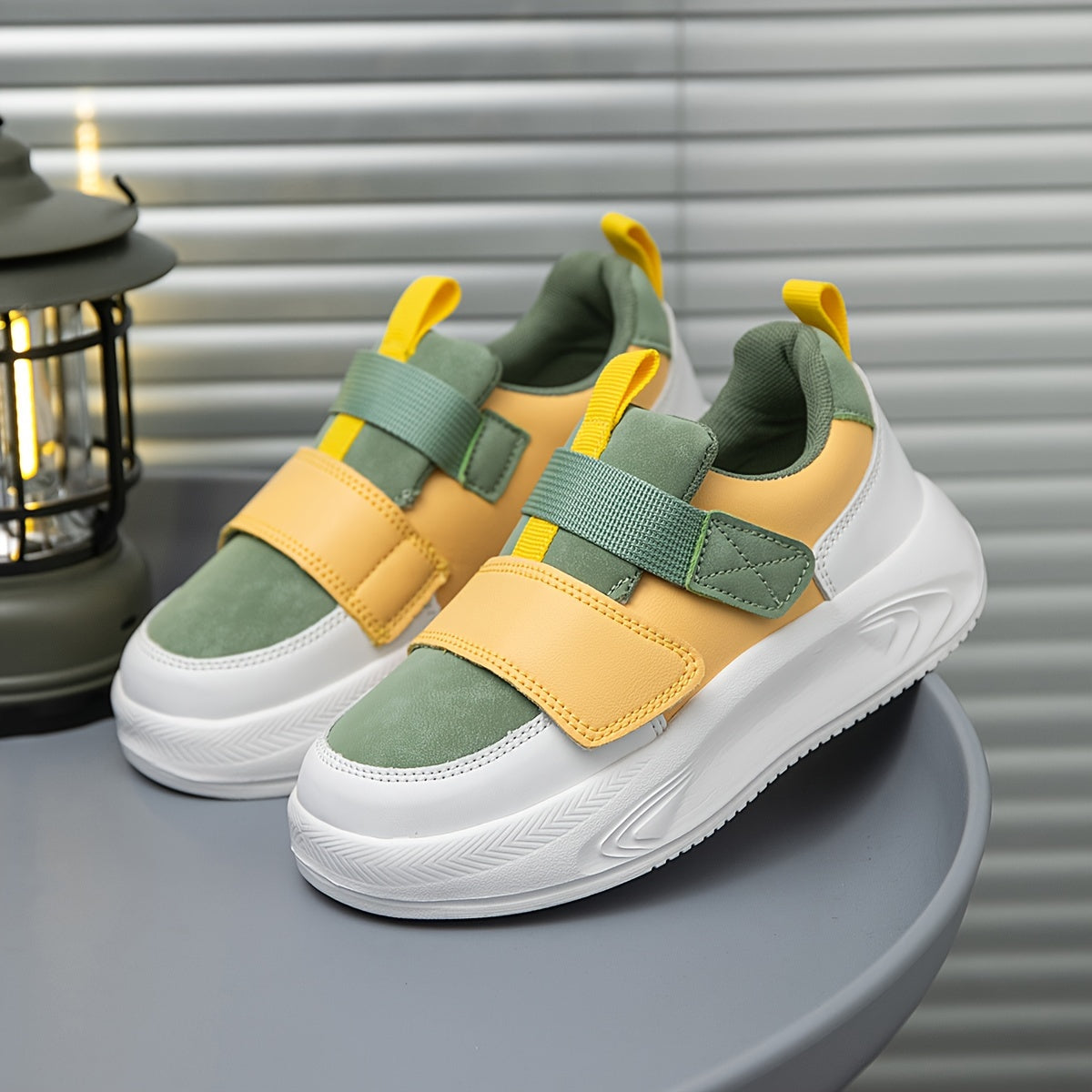 Kids' Color-Block Sneakers with Double Hook and Loop Closure for Boys and Girls White Green Yellow Low-Top Casual Athletic