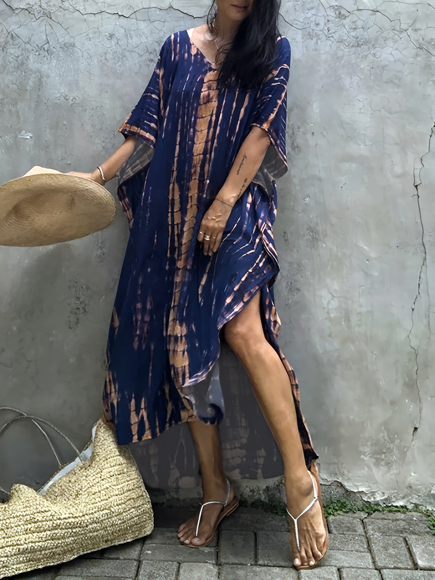 Плюс сайз туника-кафтан с эффектом тай-дай, V-образный вырез, рукава-крылья, женская одежда