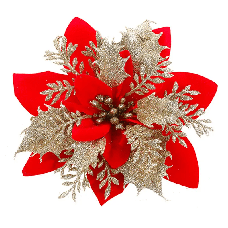 10 Golden and Silvery Artificial Christmas Decorations with Red Flowers Ornaments and Wreaths
