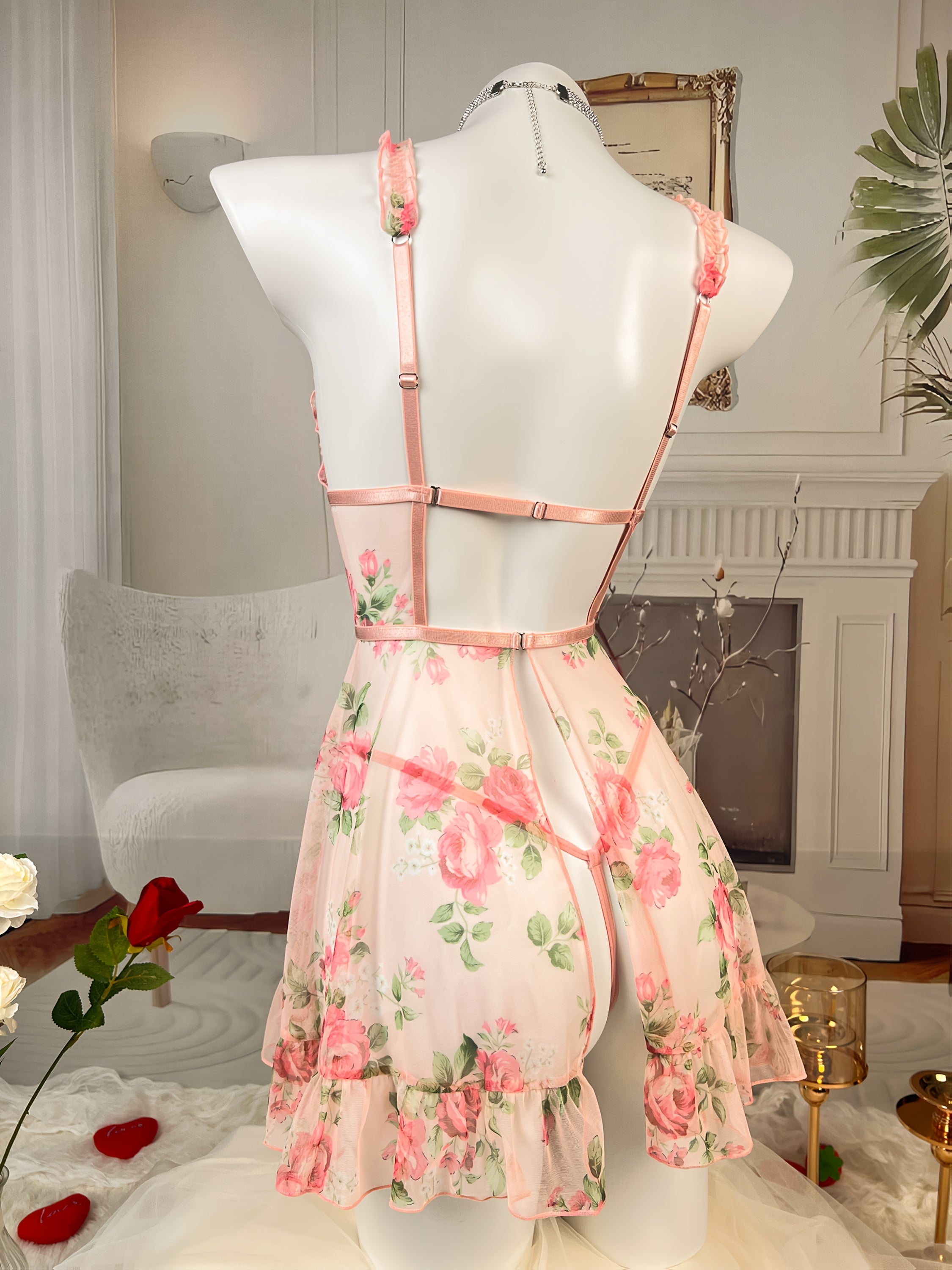 Conjunto de lencería con estampado floral, con camisón y tanga, tejido de poliéster y spandex, estilo maduro