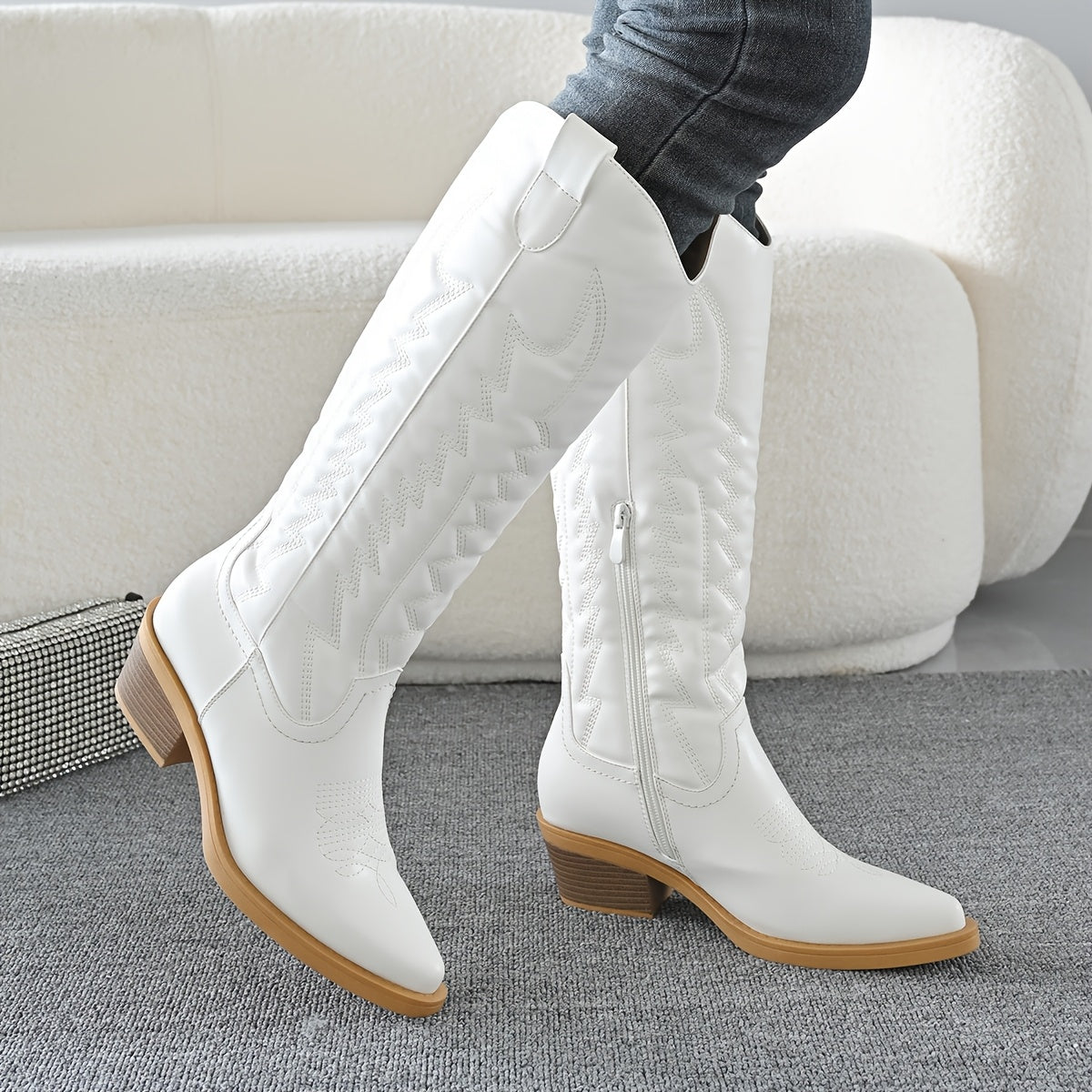 Women's Oversized Pointed Toe Chunky Heel Knee-High Western Cowboy Boots Side Zipper