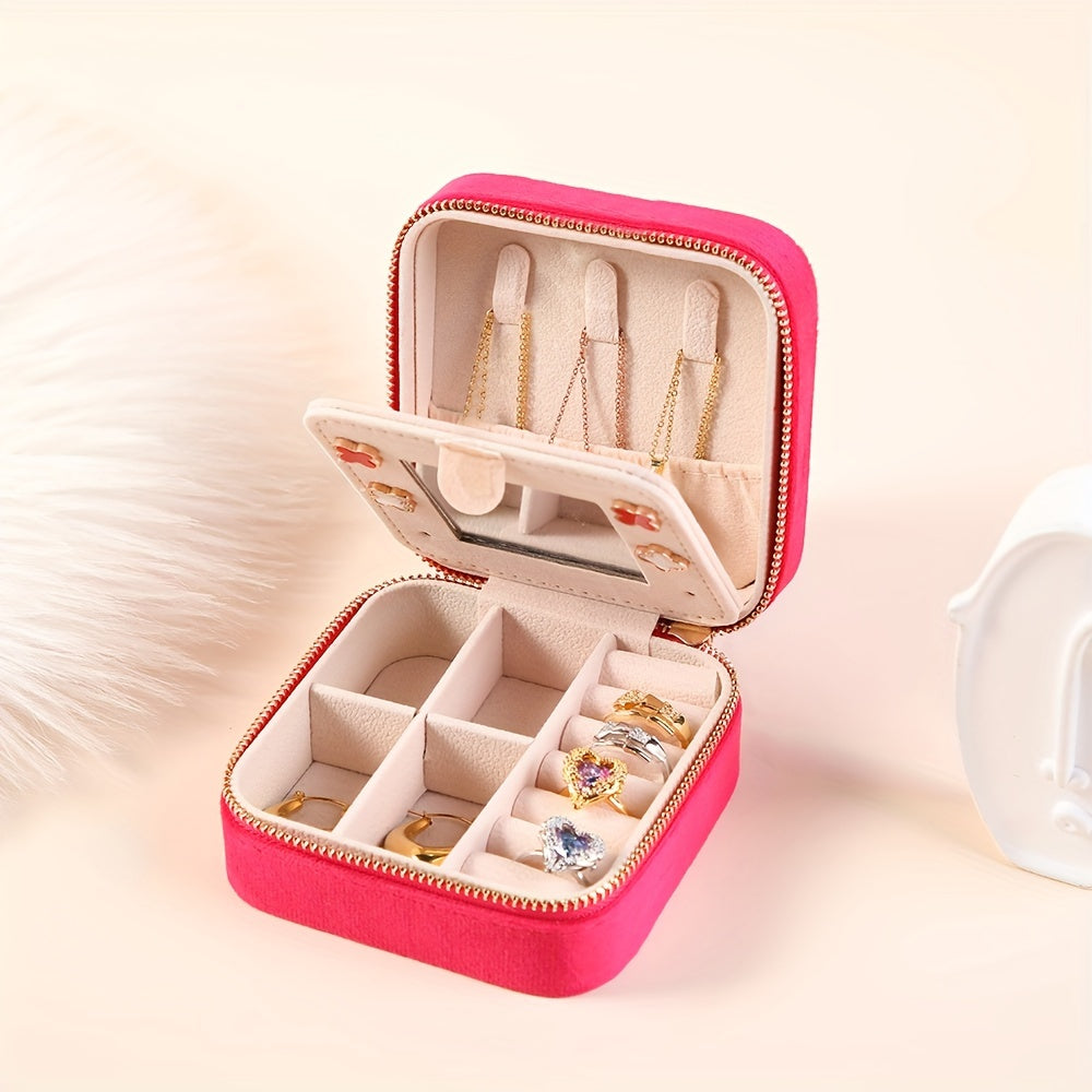 Velvet Jewelry Box with Mirror and Dual-Layer Zippered Storage for Accessories