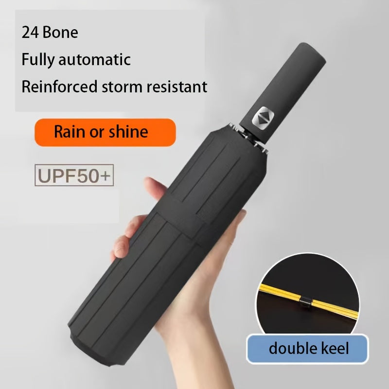Unisex Automatic Umbrella with 24 Reinforced Ribs Foldable Portable for Rain and Sun