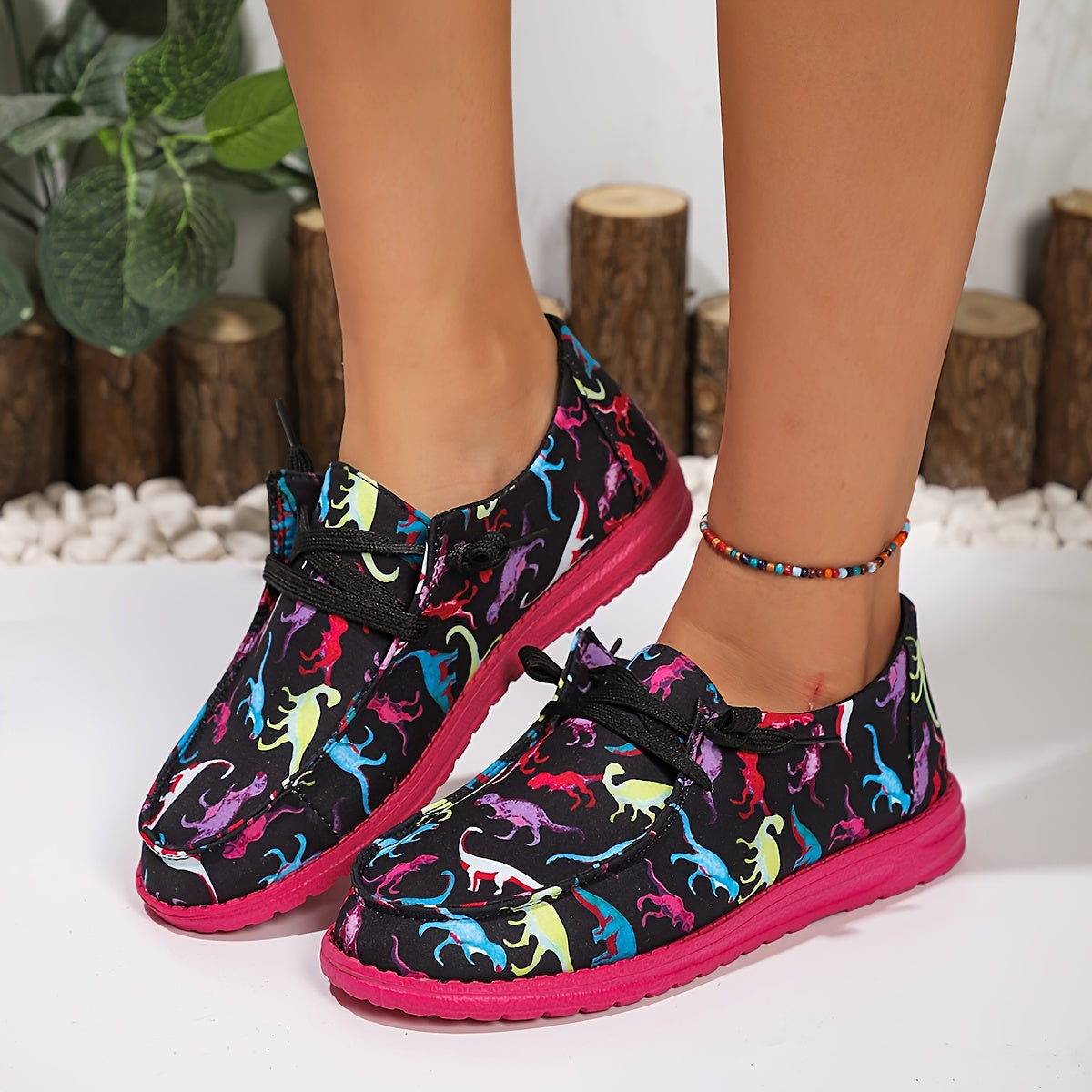 Women's Colorful Dinosaur Print Casual Sneakers Lightweight Athletic Shoes