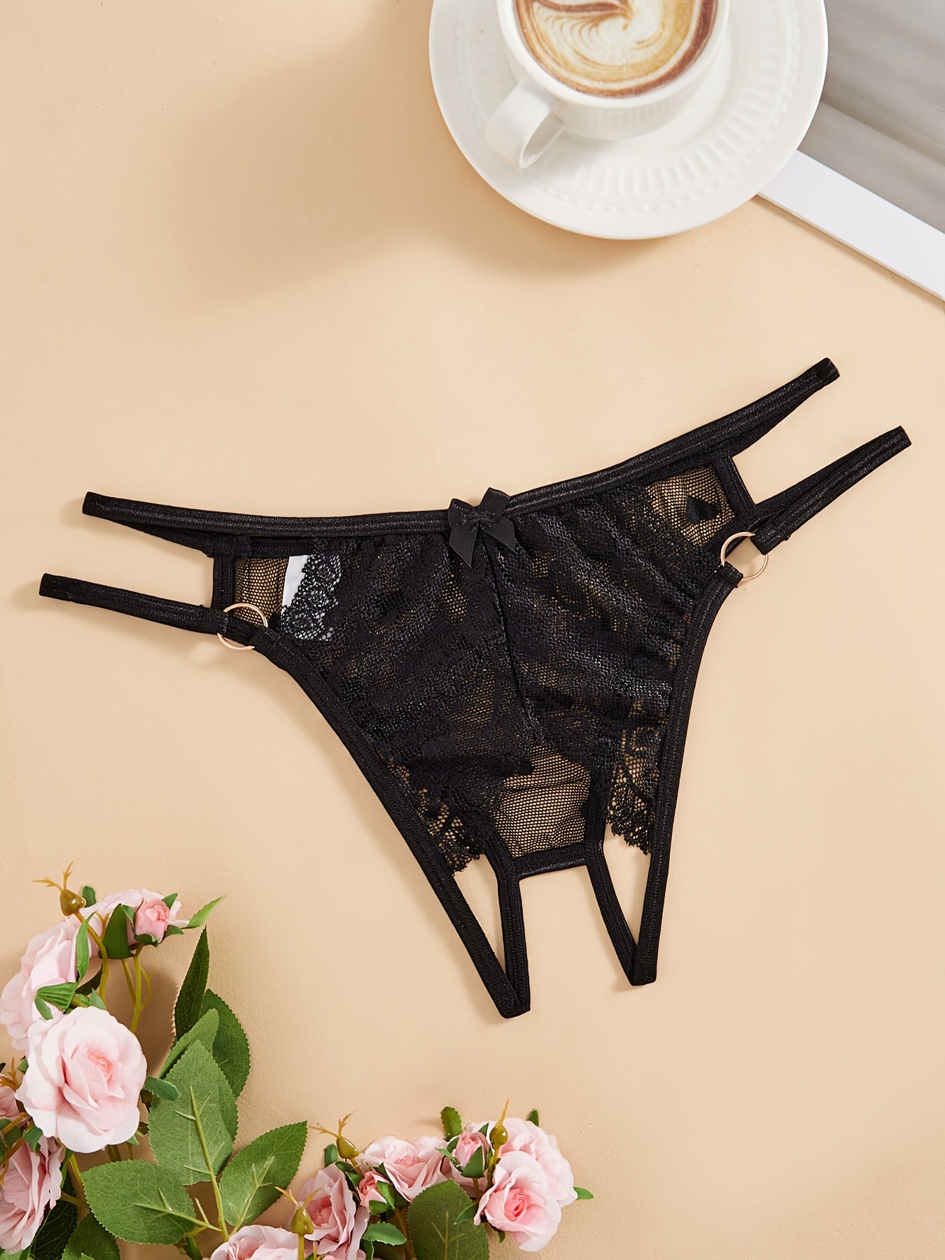 Panties de encaje sin entrepierna para mujer, ropa interior sexy en triángulo