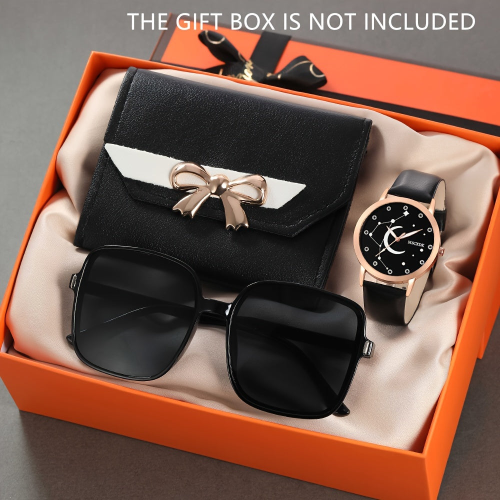 Women's 3-Piece Watch Set with Quartz Movement Faux Leather Wristwatches Wallet Glasses