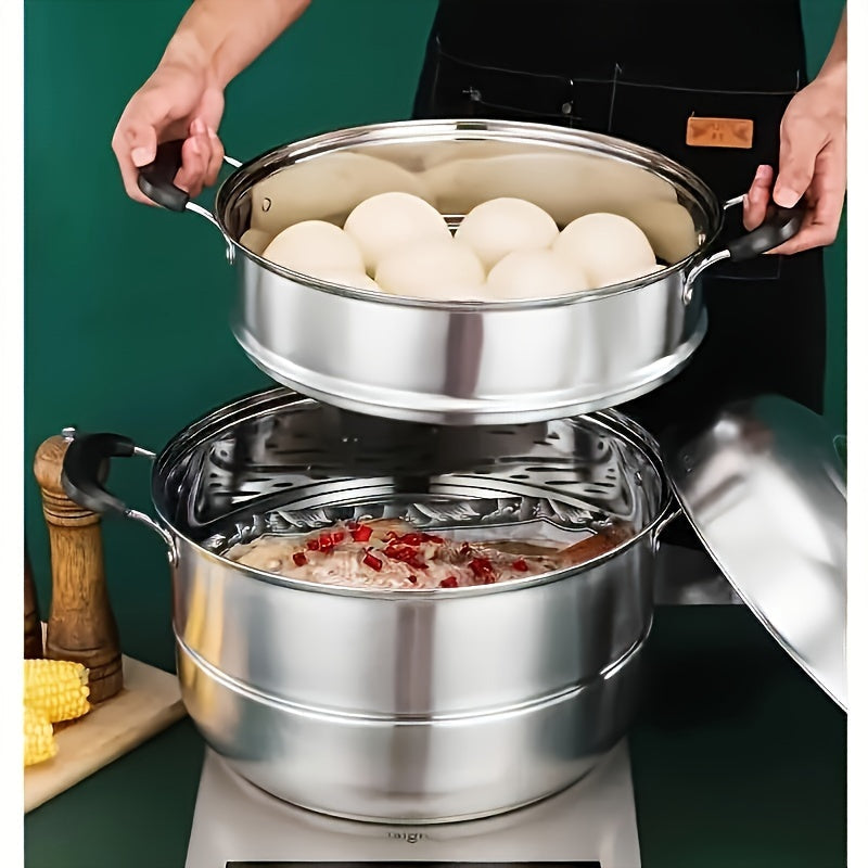 Cocedor de acero inoxidable de 3 capas con tapa para verduras, dumplings, sopa y más. Compatible con cocinas de inducción y de gas