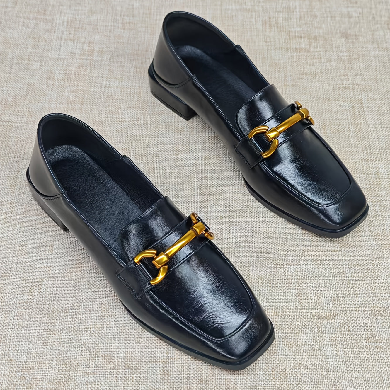 Women's Vintage Black Loafers Flat Shoes Penny Buckle Square Toe