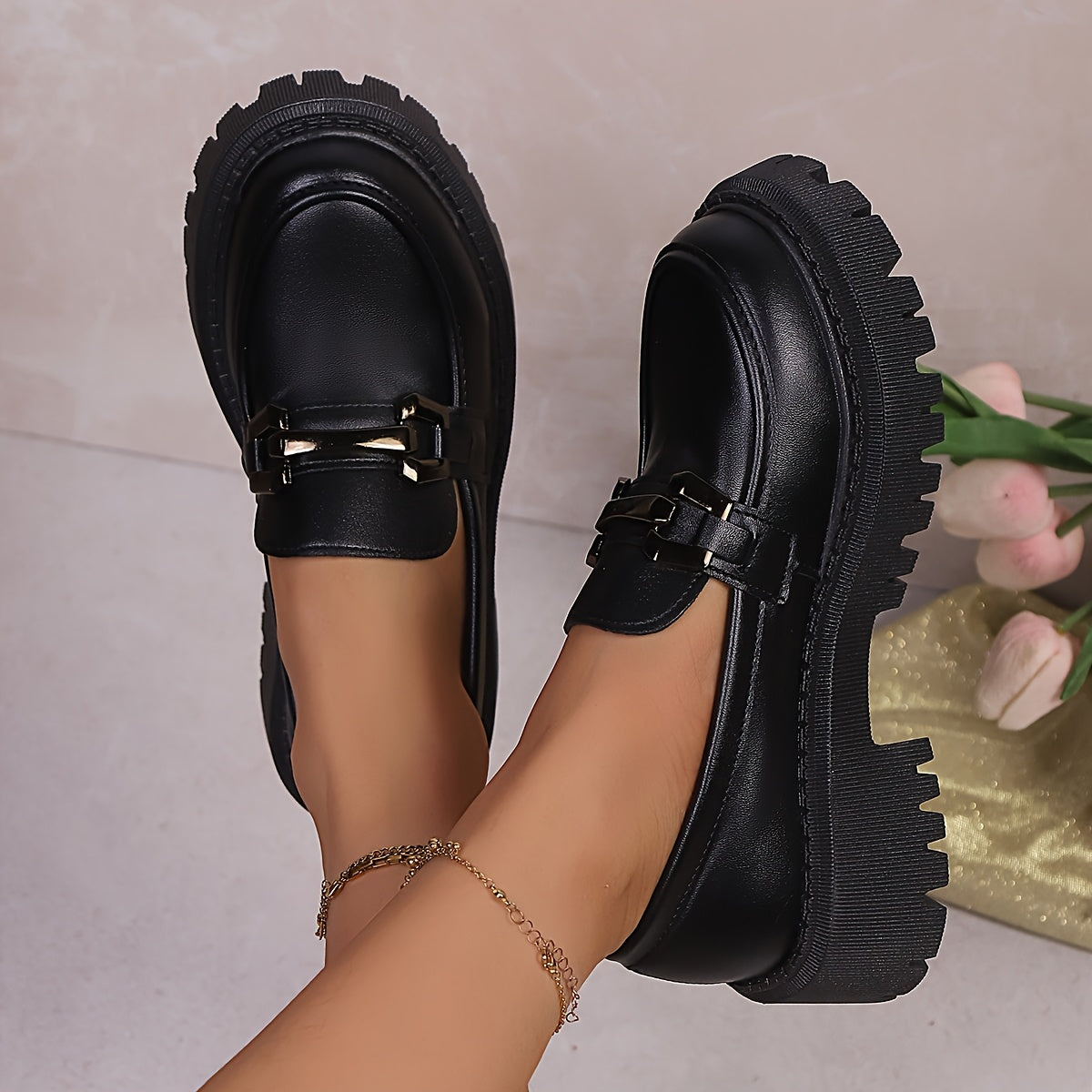 Women's Chunky Platform Loafers with Metal Chain Buckle Casual Slip-On Shoes