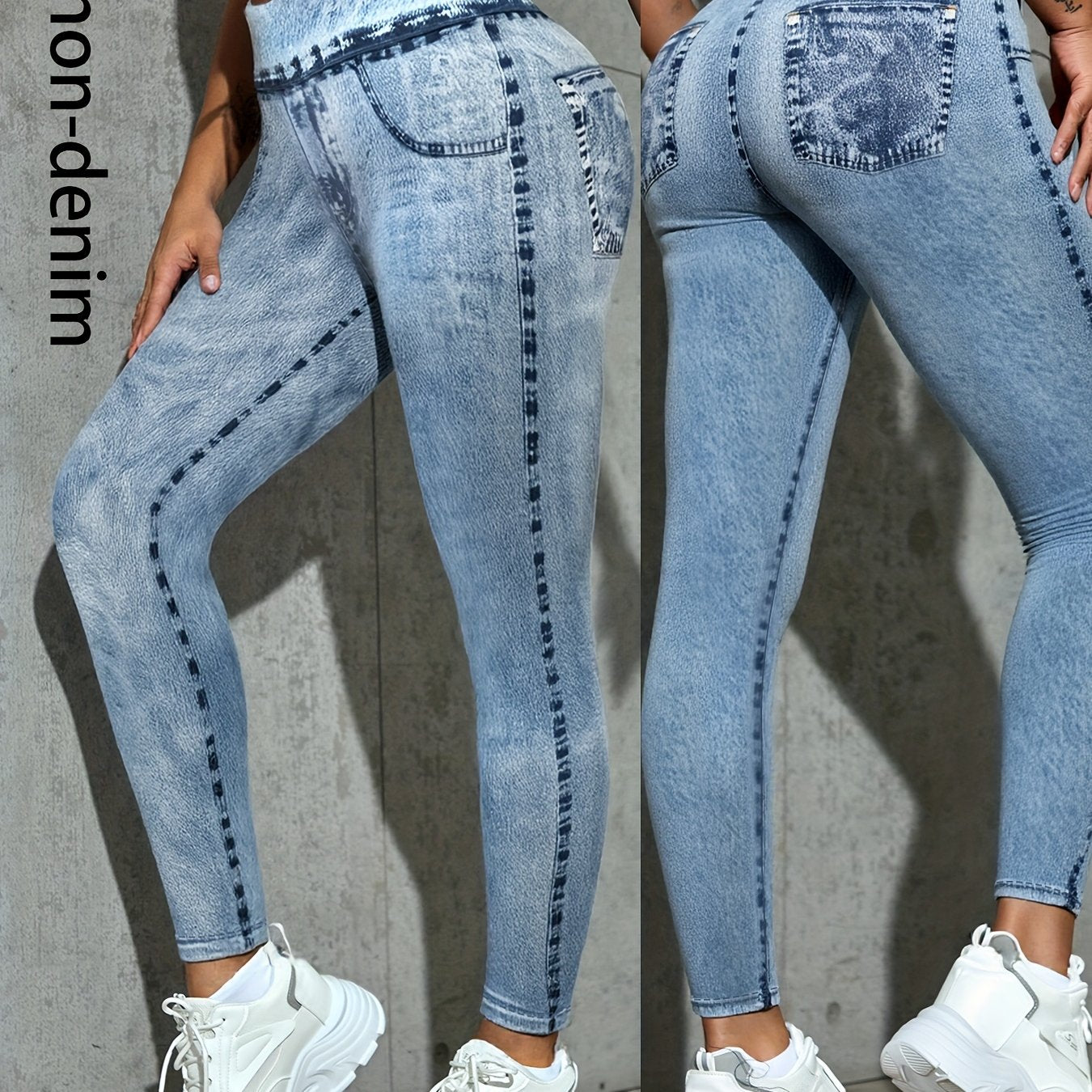 Plus Size Women's Faux Denim Print Leggings Comfort Fit Stretch Jeggings