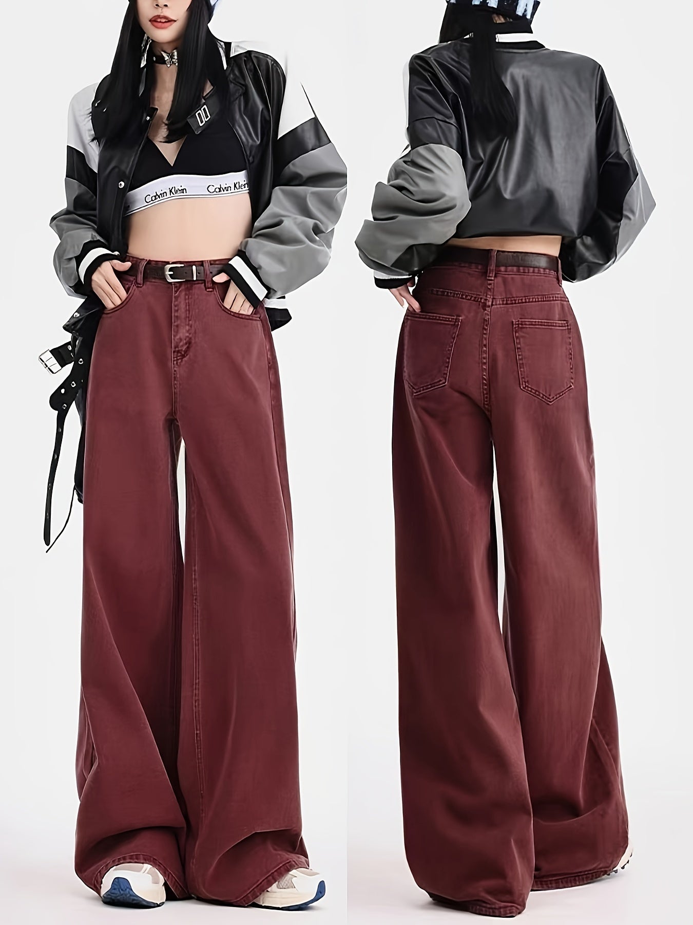 Jeans de mujer de tiro alto y pierna ancha en rojo con bolsillos con abertura